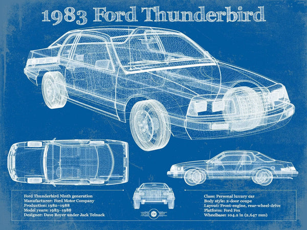 14" x 11" / Unframed Cutler West 1983 Ford Thunderbird Vintage Blueprint Auto Print
