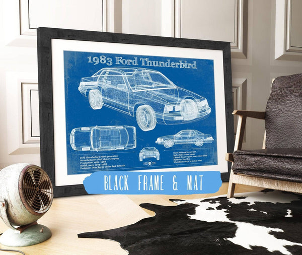 20" x 16" / Black Frame & Mat Cutler West 1983 Ford Thunderbird Vintage Blueprint Auto Print