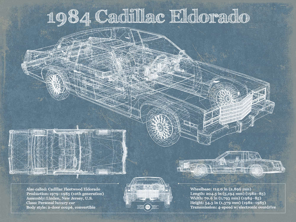 14" x 11" / Stretched Canvas Wrap Cutler West 1984 Cadillac Eldorado Vintage Blueprint Auto Print