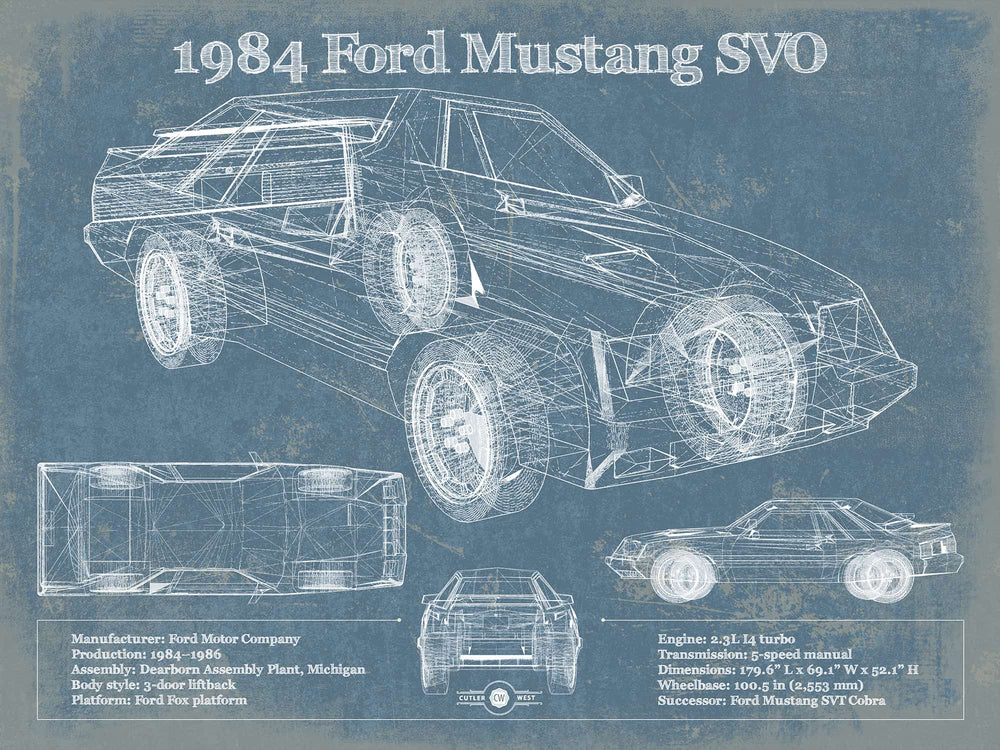 14" x 11" / Stretched Canvas Wrap Cutler West 1984 Ford Mustang SVO Vintage Blueprint Auto Print