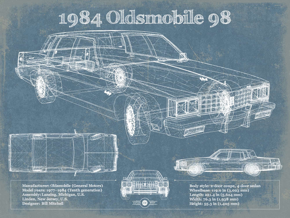 14" x 11" / Stretched Canvas Wrap Cutler West 1984 Oldsmobile 98 Vintage Blueprint Auto Print