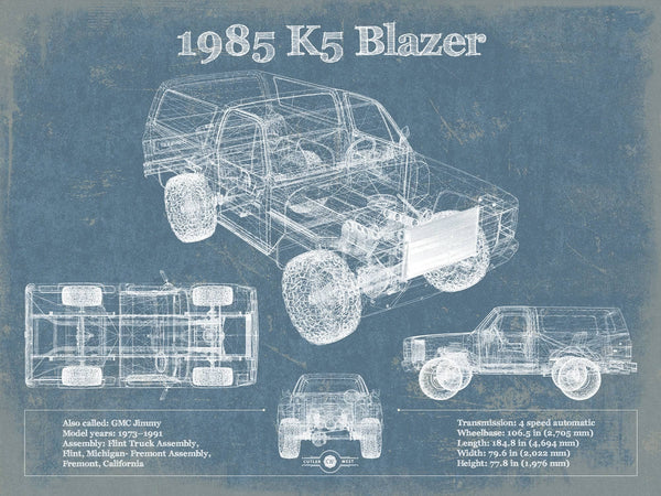 14" x 11" / Unframed Cutler West 1985 Chevrolet K5 Blazer Blueprint Vintage Auto Patent Print