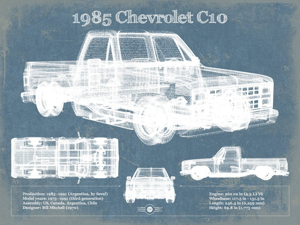14" x 11" / Stretched Canvas Wrap Cutler West 1985 Chevy C10 Vintage Blueprint Auto Print