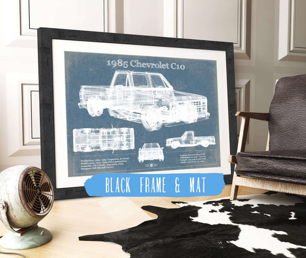 20" x 16" / Black Frame & Mat Cutler West 1985 Chevy C10 Vintage Blueprint Auto Print
