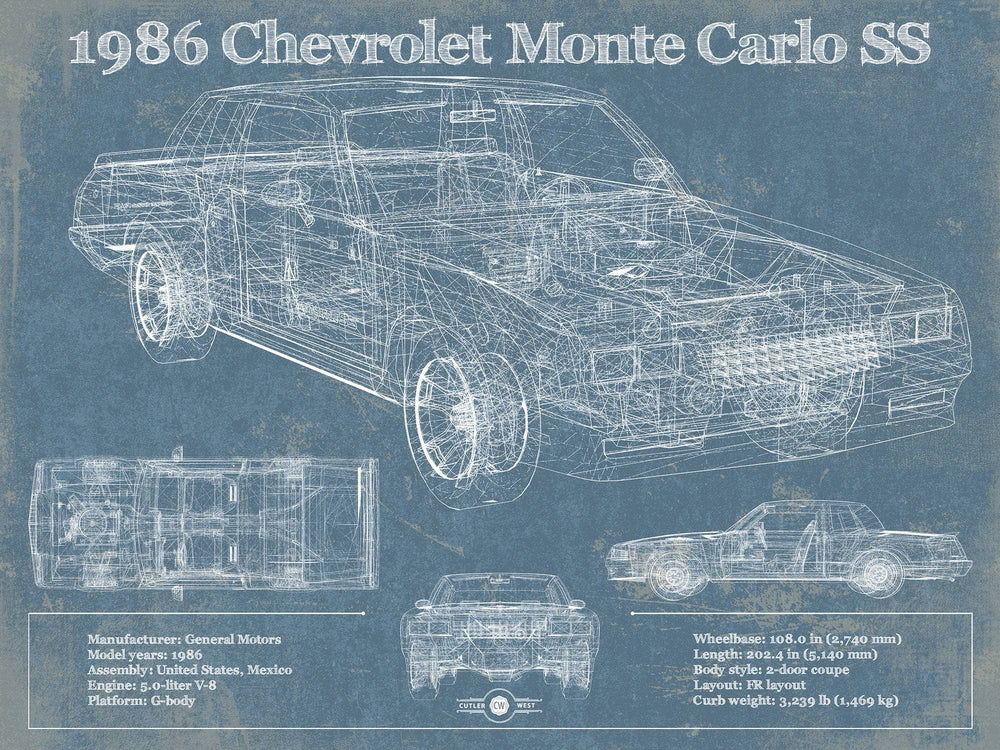 14" x 11" / Stretched Canvas Wrap Cutler West 1986 Chevrolet Monte Carlo SS Blueprint Vintage Auto Patent Print