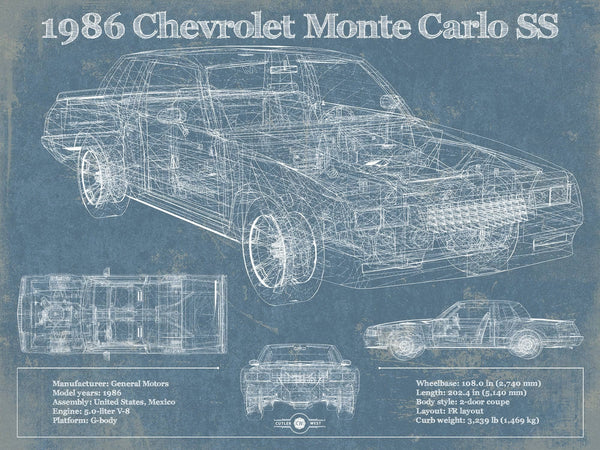 14" x 11" / Unframed Cutler West 1986 Chevrolet Monte Carlo SS Blueprint Vintage Auto Patent Print
