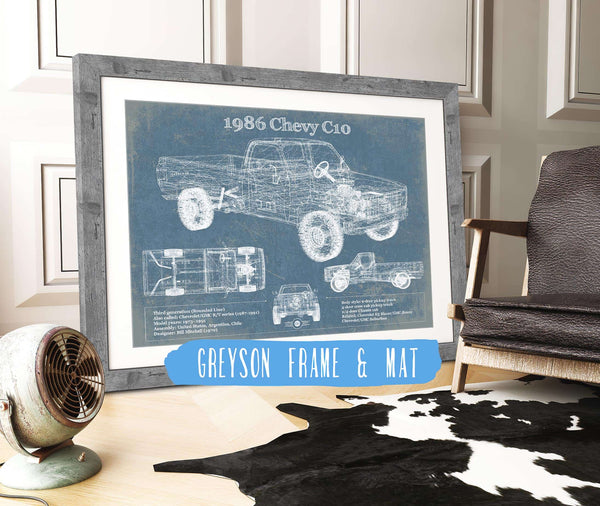 14" x 11" / Greyson Frame & Mat Cutler West 1986 Chevy C10 Vintage Blueprint Auto Print