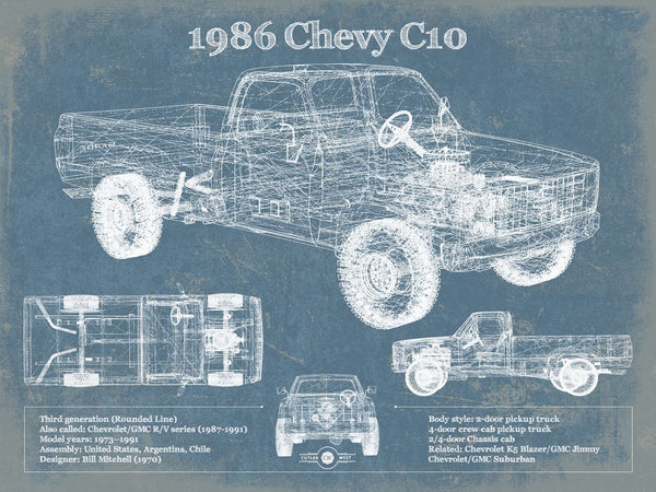 14" x 11" / Unframed Cutler West 1986 Chevy C10 Vintage Blueprint Auto Print