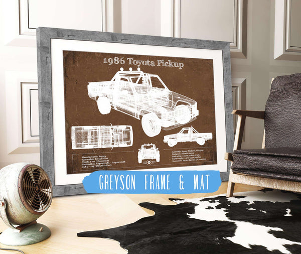14" x 11" / Greyson Frame & Mat Cutler West 1986 Toyota Hilux Pickup Vintage Blueprint Auto Print