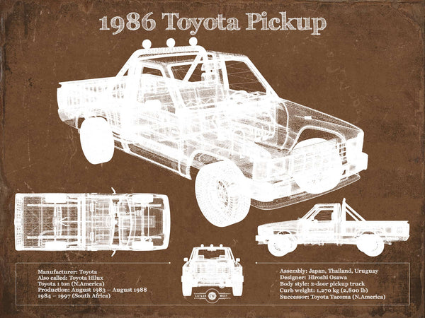 14" x 11" / Unframed Cutler West 1986 Toyota Hilux Pickup Vintage Blueprint Auto Print