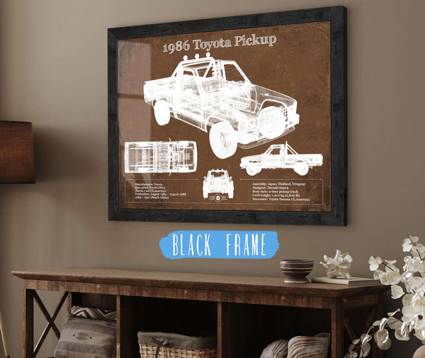 20" x 16" / Black Frame Cutler West 1986 Toyota Hilux Pickup Vintage Blueprint Auto Print