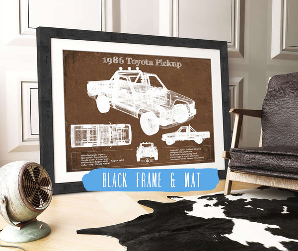 20" x 16" / Black Frame & Mat Cutler West 1986 Toyota Hilux Pickup Vintage Blueprint Auto Print