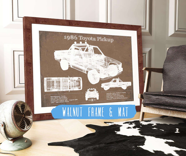 20" x 16" / Walnut Frame & Mat Cutler West 1986 Toyota Hilux Pickup Vintage Blueprint Auto Print