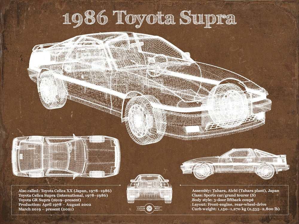 14" x 11" / Stretched Canvas Wrap Cutler West 1986 Toyota Supra Vintage Blueprint Auto Print
