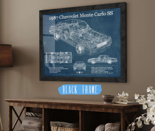 20" x 16" / Black Frame Cutler West 1987 Monte Carlo SS Vintage Blueprint Auto Print