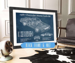 20" x 16" / Black Frame & Mat Cutler West 1987 Monte Carlo SS Vintage Blueprint Auto Print