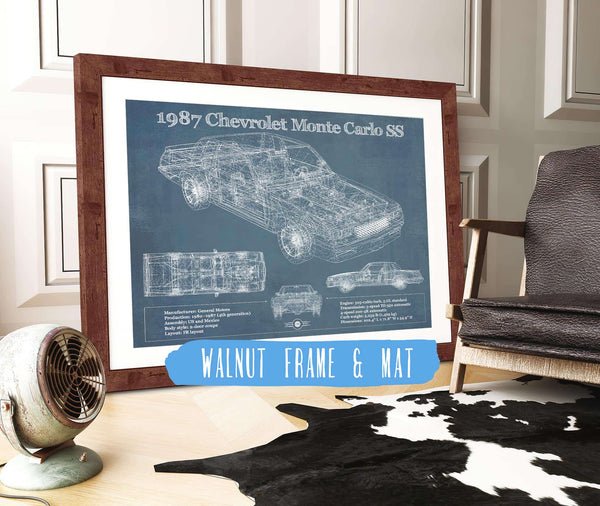 20" x 16" / Walnut Frame & Mat Cutler West 1987 Monte Carlo SS Vintage Blueprint Auto Print