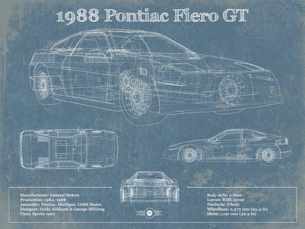 14" x 11" / Unframed Cutler West 1988 Pontiac Fiero GT Vintage Blueprint Auto Print