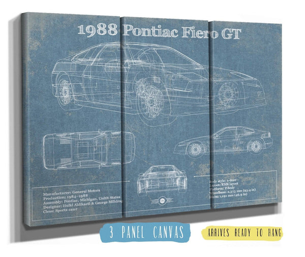 36" x 24" / 3 Panel Canvas Wrap Cutler West 1988 Pontiac Fiero GT Vintage Blueprint Auto Print
