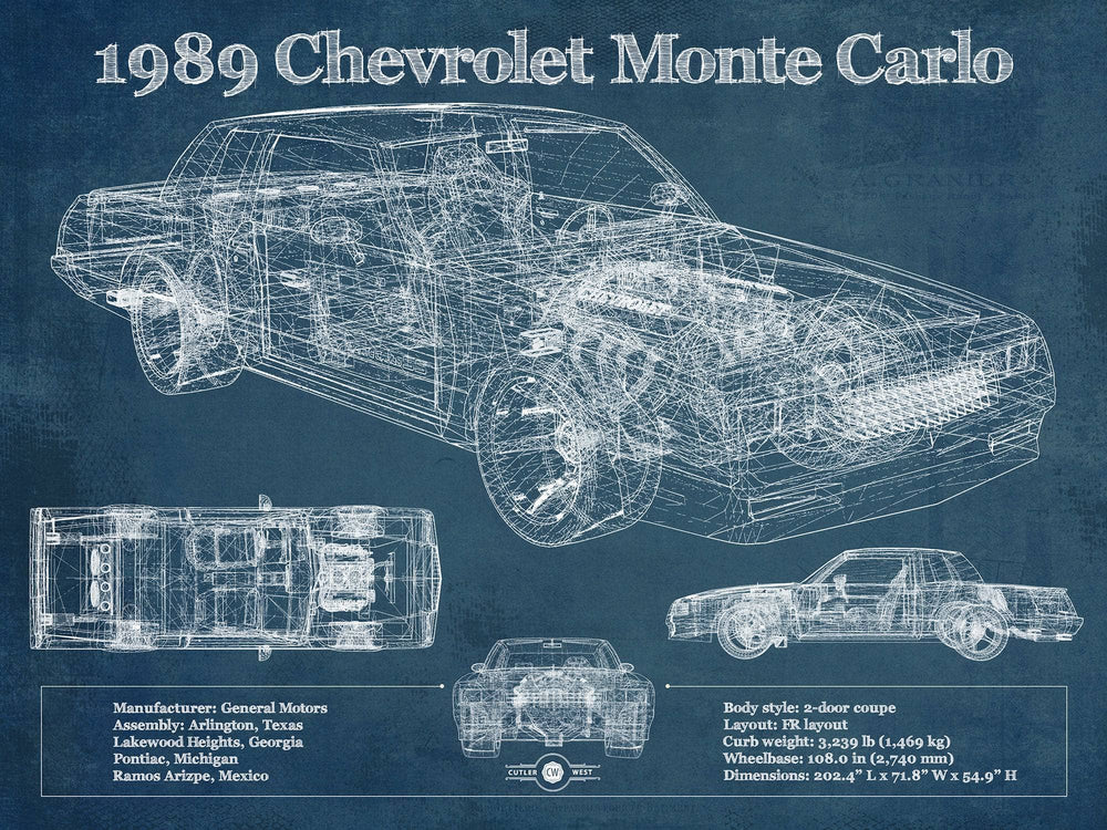 14" x 11" / Stretched Canvas Wrap Cutler West 1989 Chevrolet Monte Carlo SS Blueprint Vintage Auto Patent Print