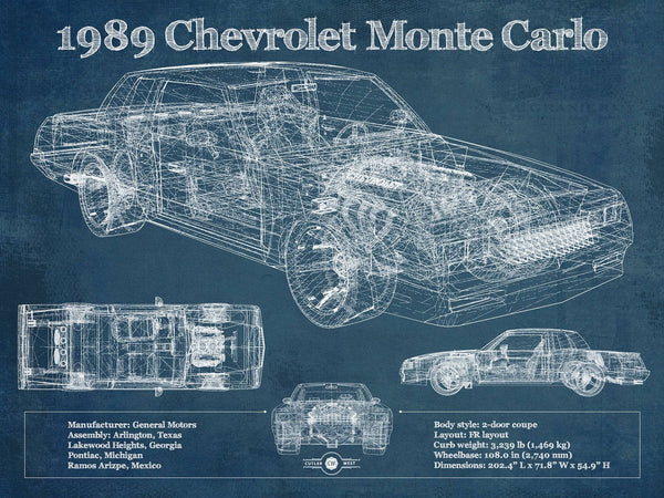 14" x 11" / Unframed Cutler West 1989 Chevrolet Monte Carlo SS Blueprint Vintage Auto Patent Print
