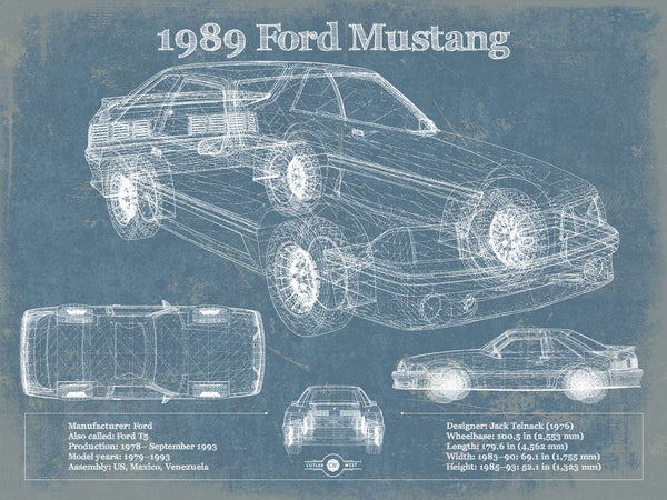 14" x 11" / Unframed Cutler West 1989 Ford Mustang Vintage Blueprint Auto Print