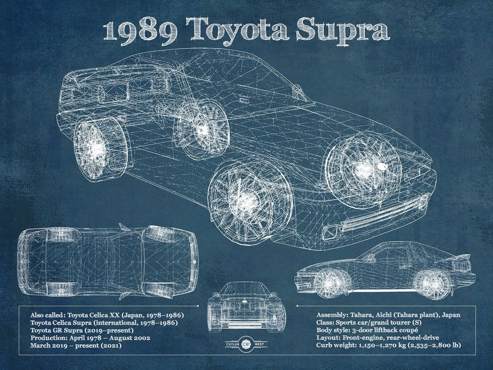 14" x 11" / Stretched Canvas Wrap Cutler West 1989 Toyota Supra Vintage Blueprint Auto Print