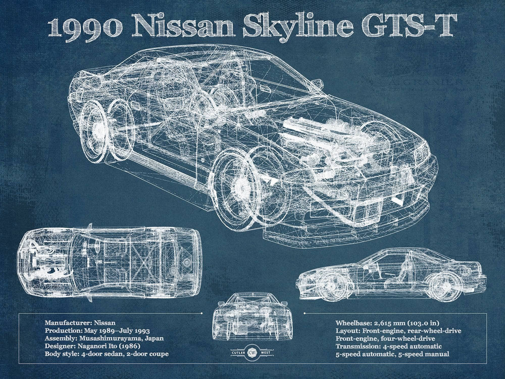 14" x 11" / Stretched Canvas Wrap Cutler West 1990 R32 Skyline GTS-T Original Blueprint Art