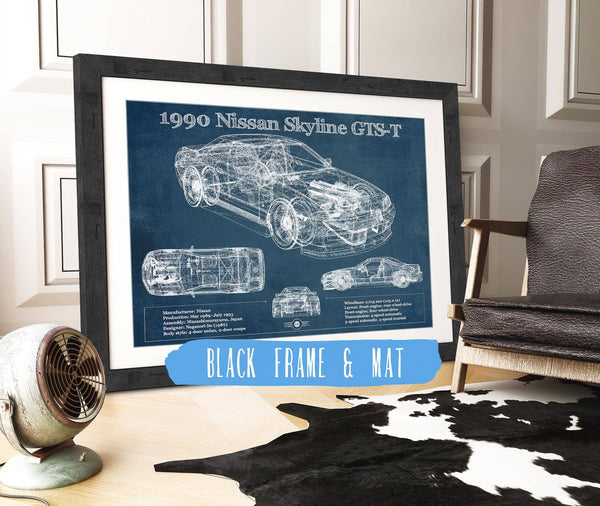 20" x 16" / Black Frame & Mat Cutler West 1990 R32 Skyline GTS-T Original Blueprint Art
