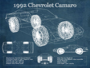 14" x 11" / Unframed Cutler West 1992 Chevrolet Camaro Vintage Blueprint Auto Print