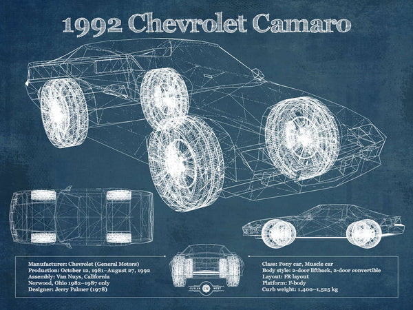 14" x 11" / Unframed Cutler West 1992 Chevrolet Camaro Vintage Blueprint Auto Print