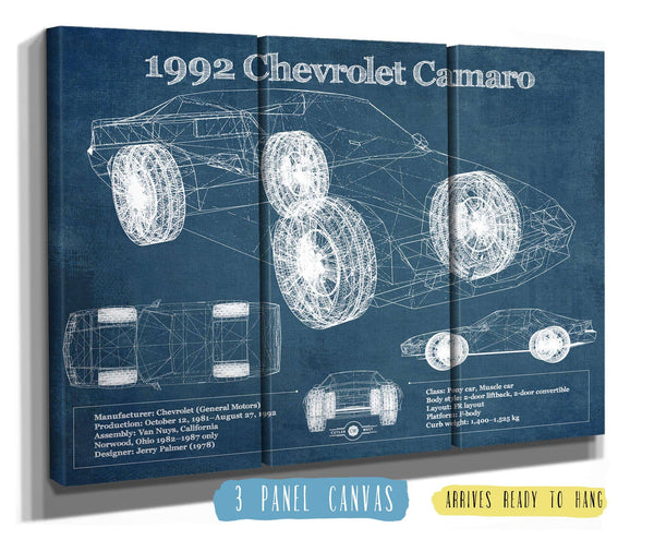 36" x 24" / 3 Panel Canvas Wrap Cutler West 1992 Chevrolet Camaro Vintage Blueprint Auto Print