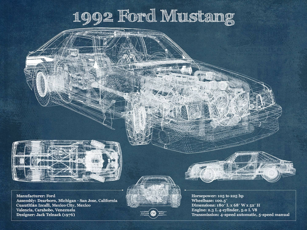 14" x 11" / Stretched Canvas Wrap Cutler West 1992 Ford Mustang Fox body - Big Block Ford Twin Turbo Drag Car Original Blueprint Art