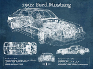 14" x 11" / Unframed Cutler West 1992 Ford Mustang Fox body - Big Block Ford Twin Turbo Drag Car Original Blueprint Art