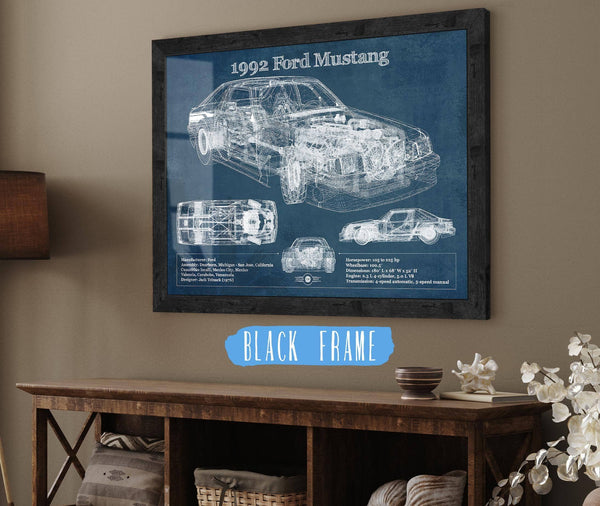 20" x 16" / Black Frame Cutler West 1992 Ford Mustang Fox body - Big Block Ford Twin Turbo Drag Car Original Blueprint Art