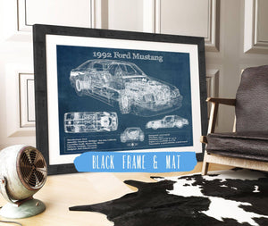 20" x 16" / Black Frame & Mat Cutler West 1992 Ford Mustang Fox body - Big Block Ford Twin Turbo Drag Car Original Blueprint Art