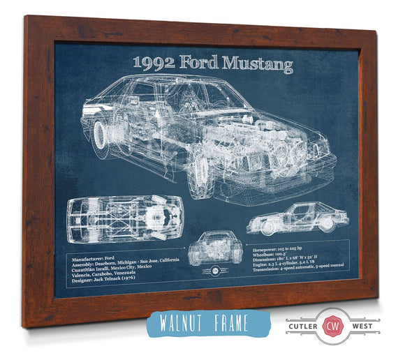 20" x 16" / Walnut Frame Cutler West 1992 Ford Mustang Fox body - Big Block Ford Twin Turbo Drag Car Original Blueprint Art