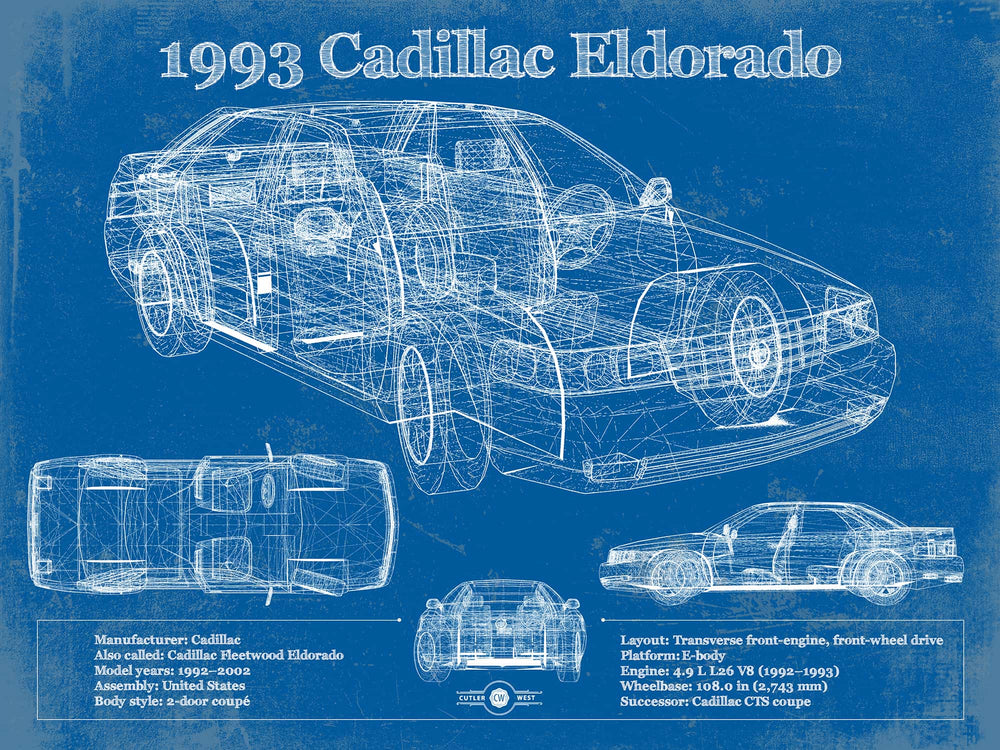 14" x 11" / Stretched Canvas Wrap Cutler West 1993 Cadillac Eldorado Coupe Vintage Blueprint Auto Print