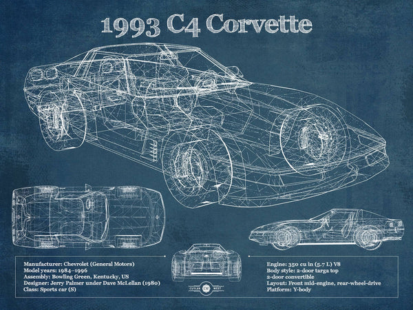 14" x 11" / Unframed Cutler West 1993 Chevrolet C4 Corvette Blueprint Vintage Auto Print