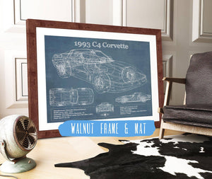 20" x 16" / Walnut Frame & Mat Cutler West 1993 Chevrolet C4 Corvette Blueprint Vintage Auto Print