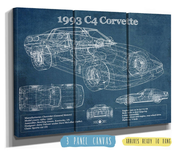 36" x 24" / 3 Panel Canvas Wrap Cutler West 1993 Chevrolet C4 Corvette Blueprint Vintage Auto Print