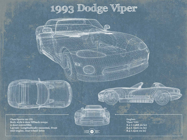 14" x 11" / Unframed Cutler West 1993 Dodge Viper Vintage Blueprint Auto Print