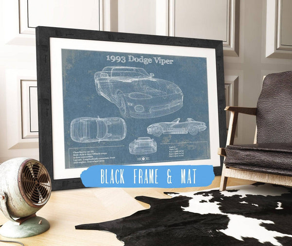 20" x 16" / Black Frame & Mat Cutler West 1993 Dodge Viper Vintage Blueprint Auto Print