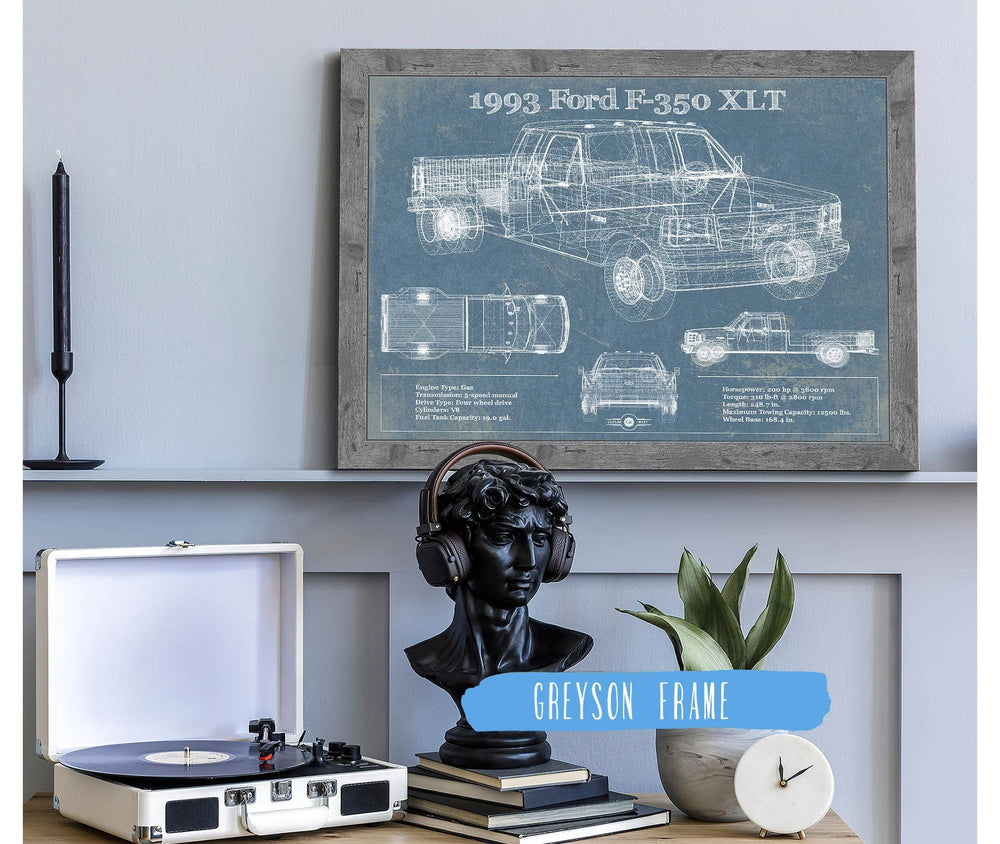 14" x 11" / Stretched Canvas Wrap Cutler West 1993 Ford F-350 XLT Vintage Blueprint Auto Print