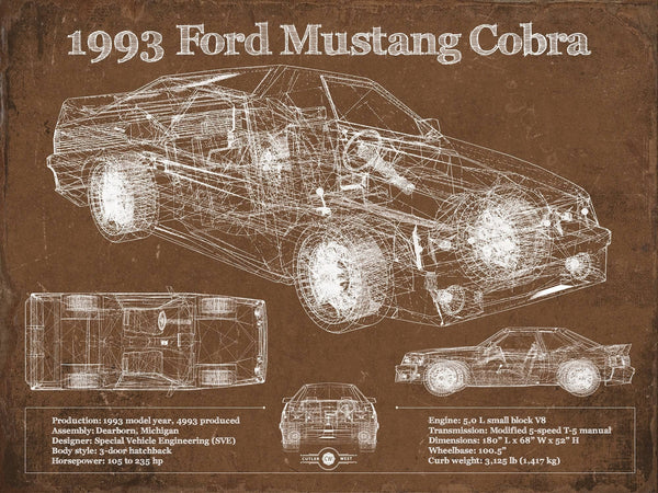 14" x 11" / Unframed Cutler West 1993 Ford Mustang Cobra Vintage Blueprint Auto Print