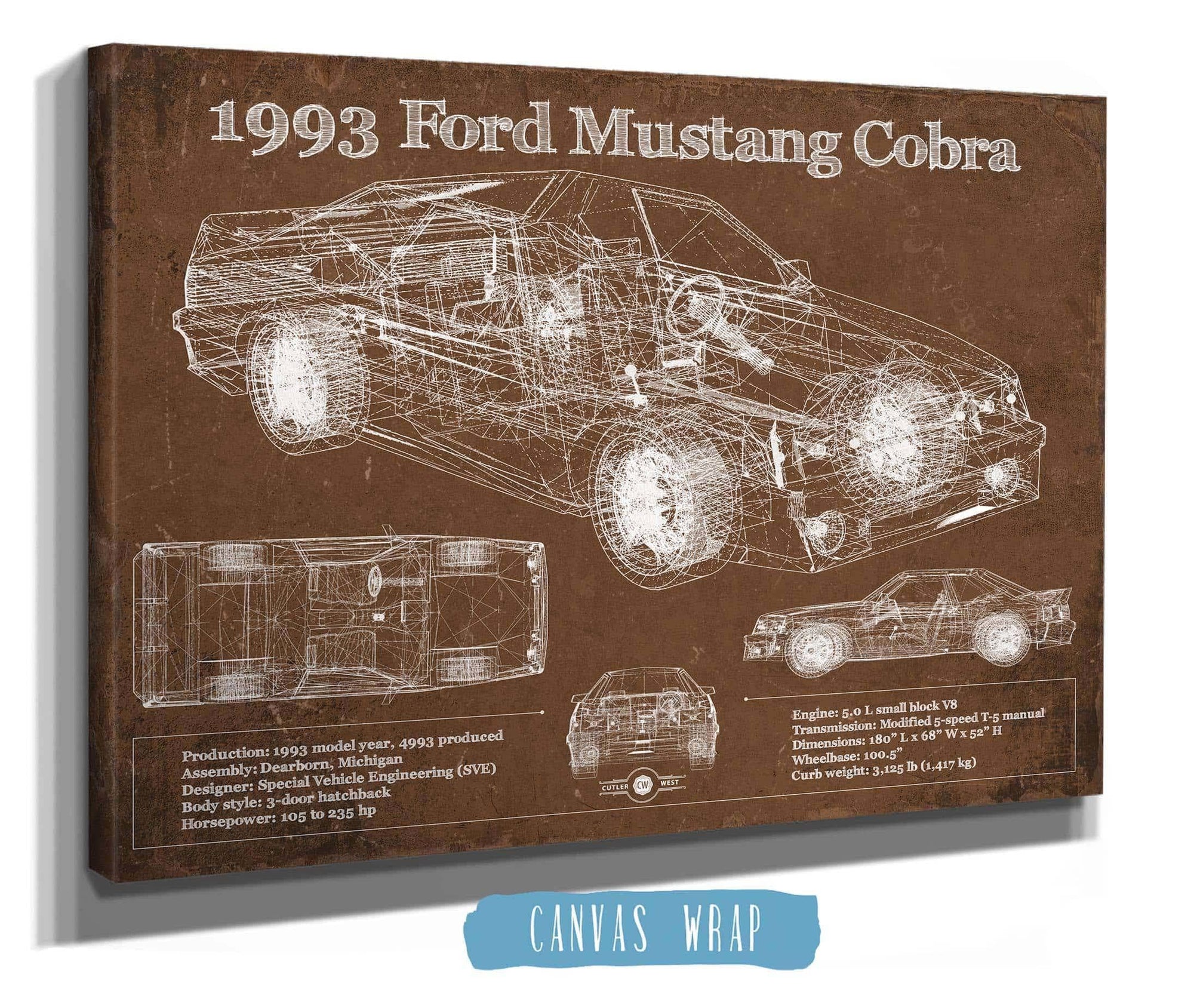 Cutler West Ford Collection 1993 Ford Mustang Cobra Vintage Blueprint Auto Print