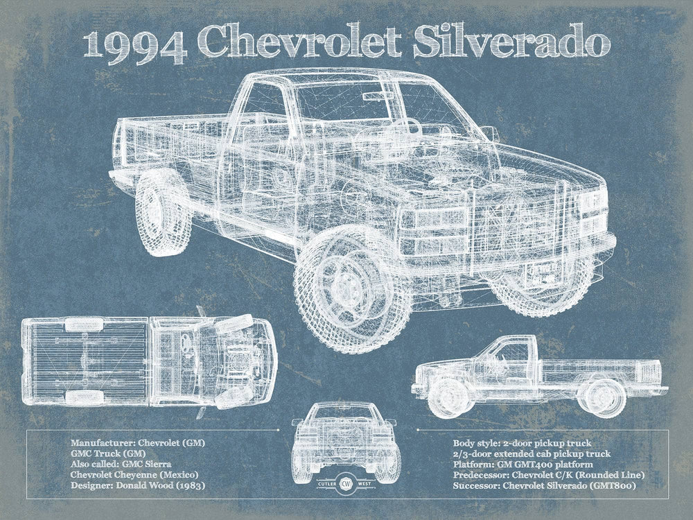 14" x 11" / Stretched Canvas Wrap Cutler West 1994 Chevrolet Silverado 1500 Vintage Blueprint Auto Print