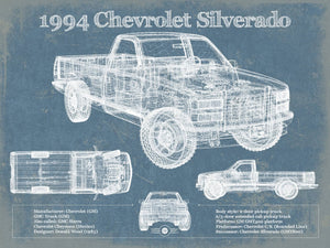14" x 11" / Unframed Cutler West 1994 Chevrolet Silverado 1500 Vintage Blueprint Auto Print