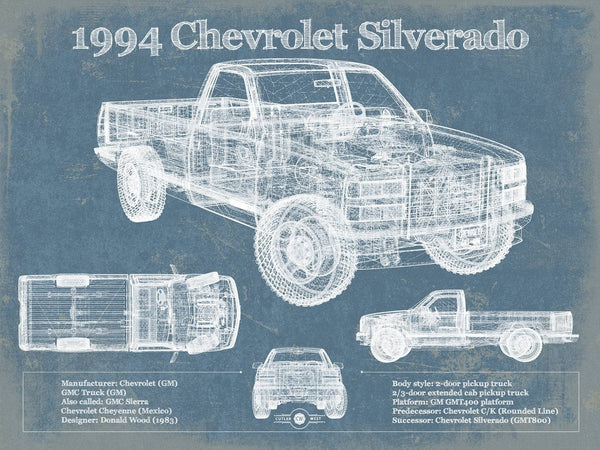 14" x 11" / Unframed Cutler West 1994 Chevrolet Silverado 1500 Vintage Blueprint Auto Print