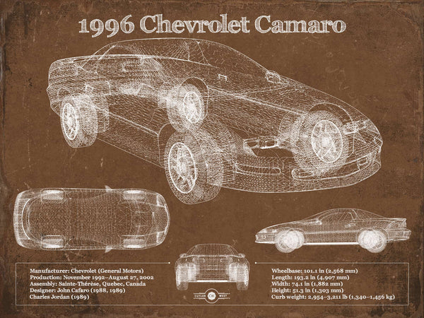 14" x 11" / Unframed Cutler West 1996 Chevrolet Camaro Vintage Blueprint Auto Print
